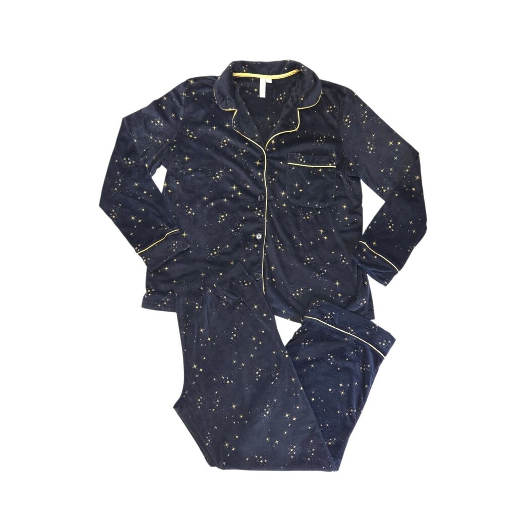Joyspun Women's 2 Piece Pajama Set Navy Blue Twinkling Stars L 12/14 Celestial